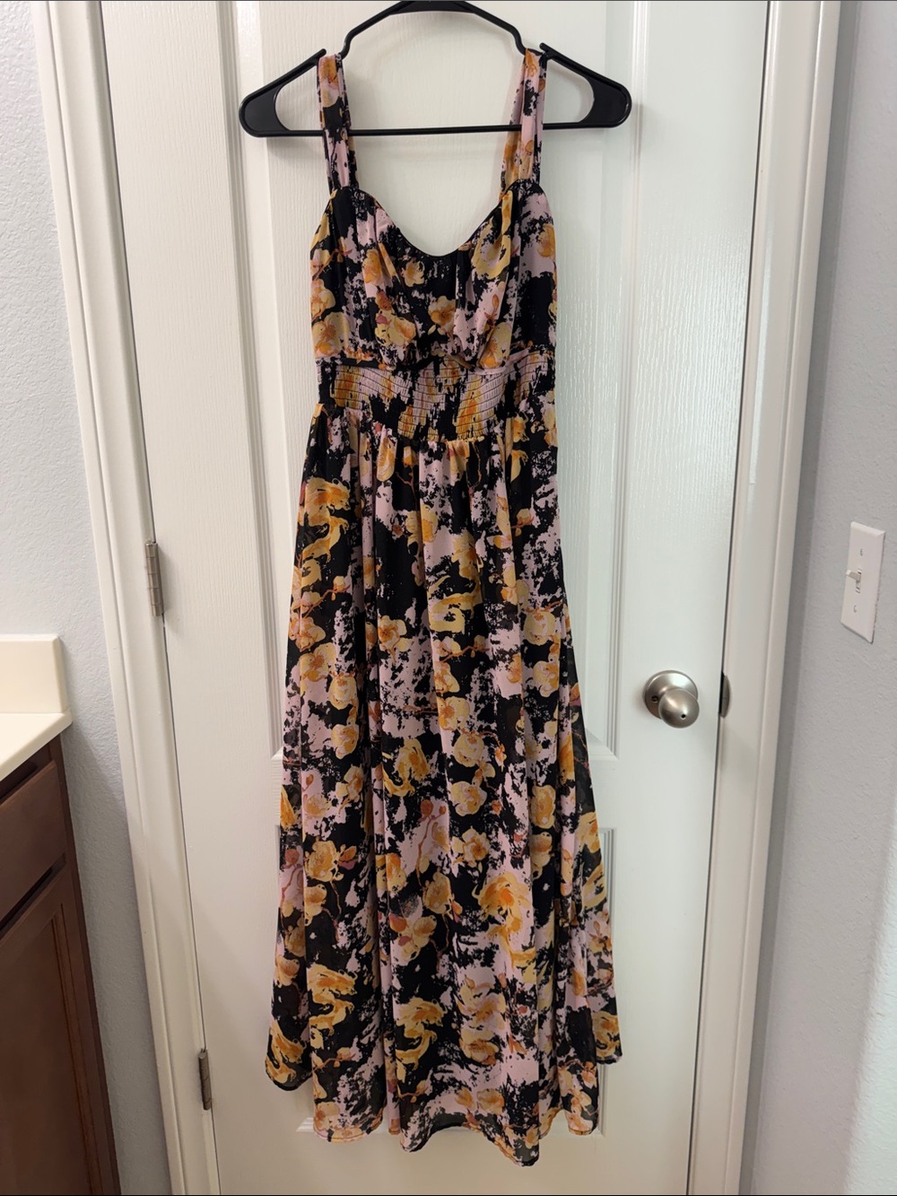 Grace Karin Black Floral Maxi Dress with Pink and Mustard Blooms size small